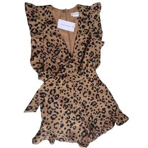 NWT Lovers And Friends Jill Romper Belted Animal Print V Neck Ruffle Sleeve